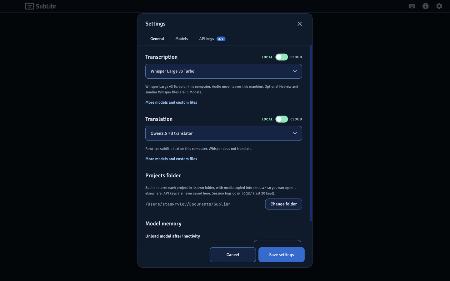 Settings General tab with Local and Cloud pickers for transcription and translation.