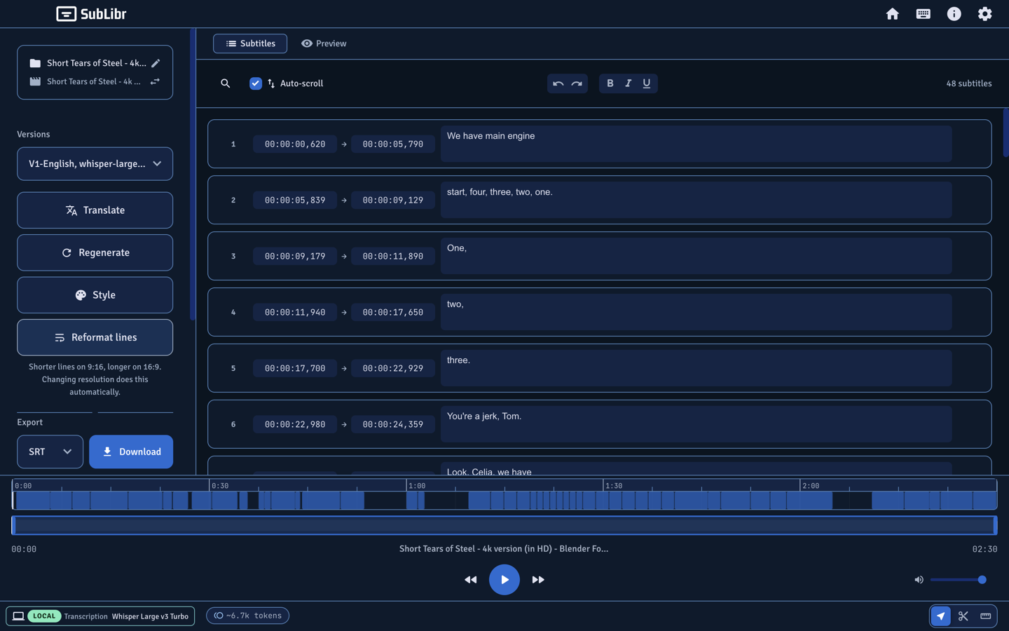 Editor list of English cues with timestamps after local Whisper transcription.