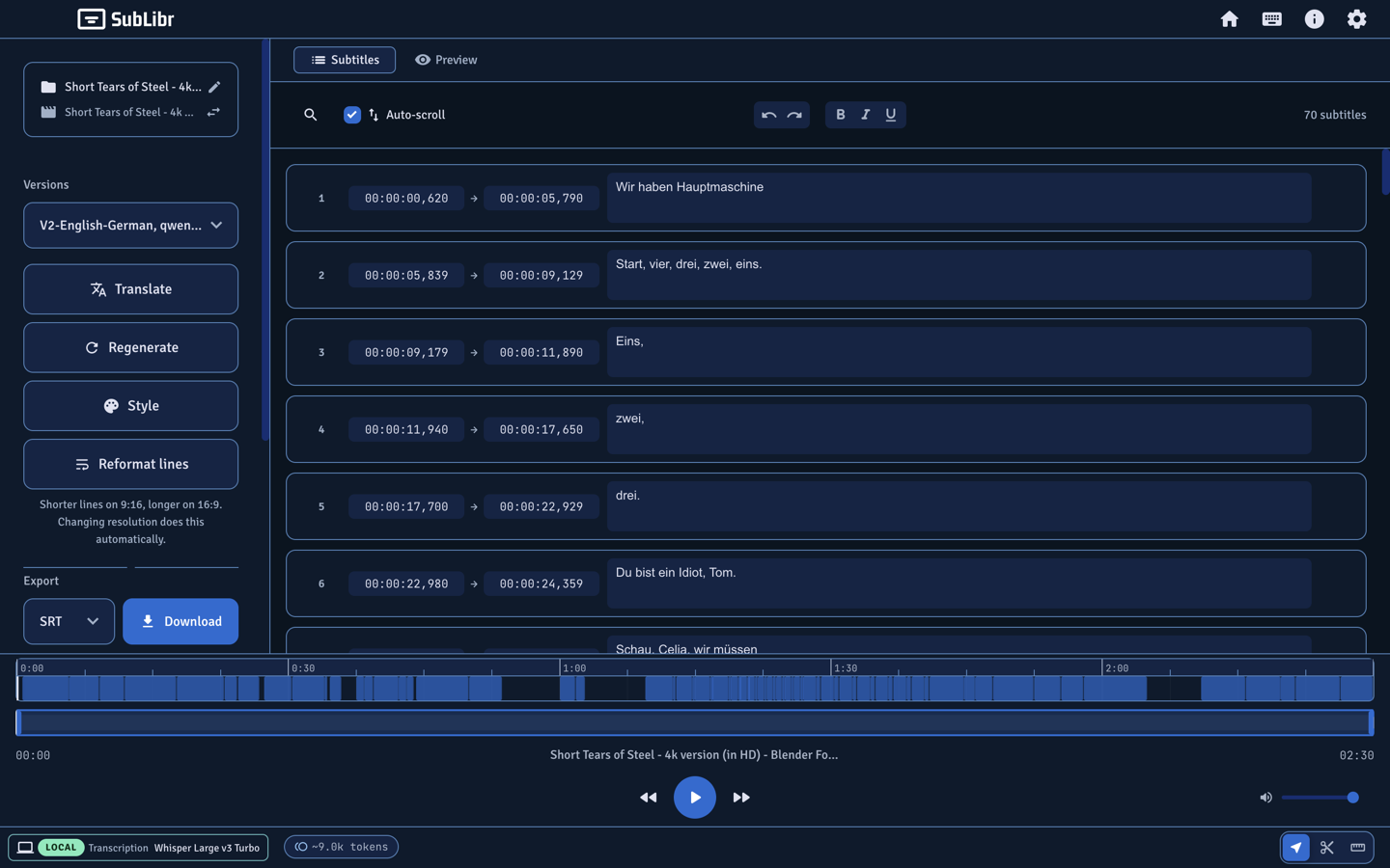 German translation version in the subtitle list, same timestamps as the English pass.
