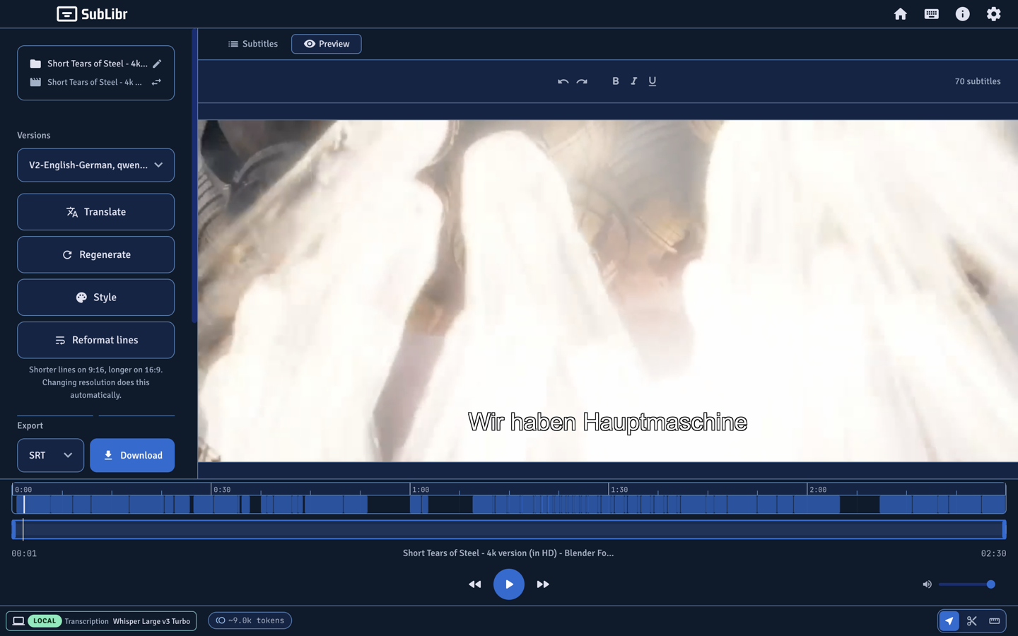 SubLibr preview: burned-in German cues on video, two-tier timeline, Local Whisper in the footer.